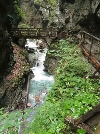 In der malerischen Wolfsklamm überspannt ein Holzsteg eine enge Felsenschlucht mit einem schnell fließenden Bach, umgeben von dichter grüner Vegetation.