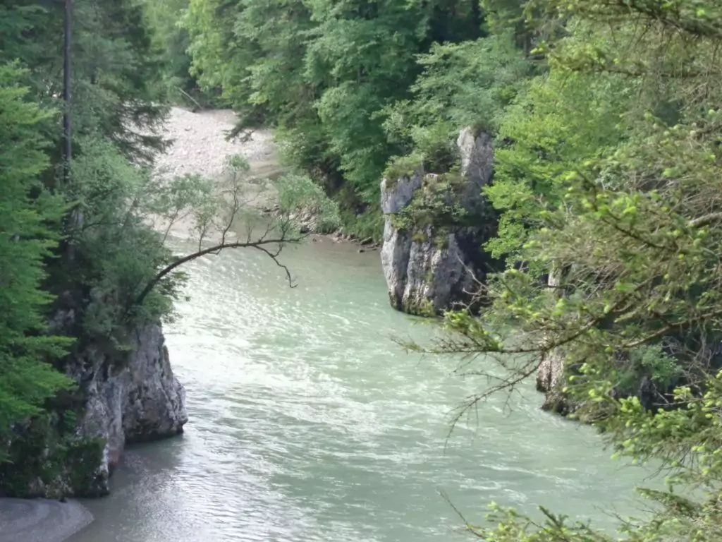 Ein Fluss fließt zwischen felsigen Klippen und dichten grünen Bäumen, sein ruhiges, hellgrünes Wasser spiegelt den bedeckten Himmel wider - eine ruhige Szene, ideal für ein Interregprojekt, das sich auf die Zusammenarbeit im Umweltbereich konzentriert.