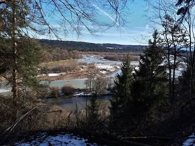 Ein Fluss schlängelt sich unter blauem Himmel durch eine verschneite Waldlandschaft mit kahlen Bäumen und immergrünen Bäumen im Vordergrund - ein idealer Schauplatz für ein Interregprojekt, das sich mit grenzüberschreitendem Naturschutz beschäftigt.