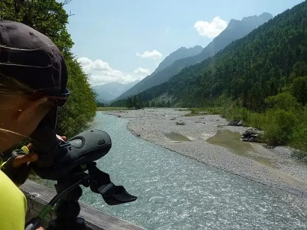 Eine Person betrachtet mit einem Spektiv einen gewundenen, von Bäumen und Bergen gesäumten Fluss bei klarem Himmel und fängt die Schönheit der Landschaft während eines Interregprojekts ein.