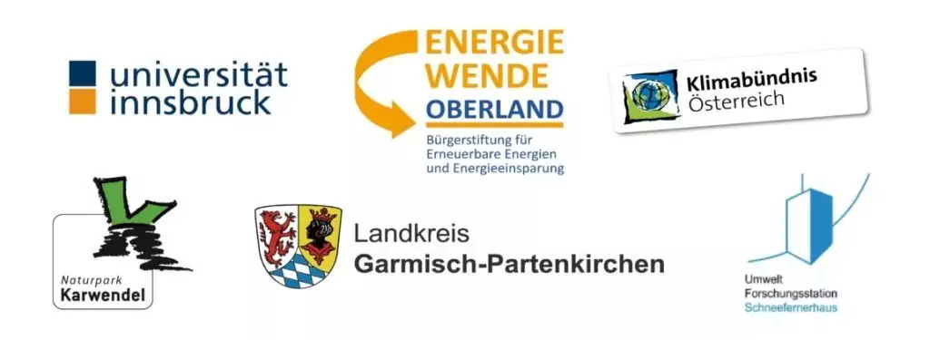 Logos von Universität Innsbruck, KlimaAlps, Energie Wende Oberland, Klimabündnis Österreich, Naturpark Karwendel, Landkreis Garmisch-Partenkirchen und Umwelt Forschungsstation Schneefernerhaus.