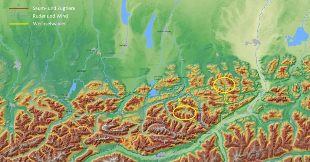 Topografische Karte der Bergregionen mit drei farblich gekennzeichneten Routen und zwei gelb eingekreisten Gebieten, die in deutscher Sprache beschriftet sind, um die Ströme des Holzes zu veranschaulichen - mit Hervorhebung der verschiedenen Reisemöglichkeiten, Waldtypen und Holzströme.