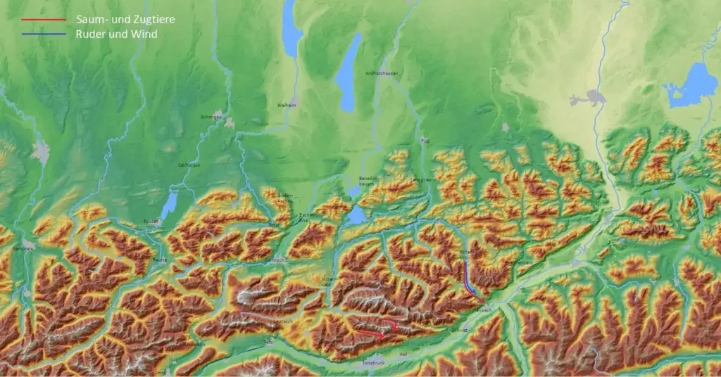 Topografische Karte der Zentralschweiz mit Bergen, Tälern, Seen und Flüssen mit farbigen Höhenlinien und deutschen Bezeichnungen für geografische Merkmale, einschliesslich Routen zur Hervorhebung der Ströme des Holzes (Holztransport).