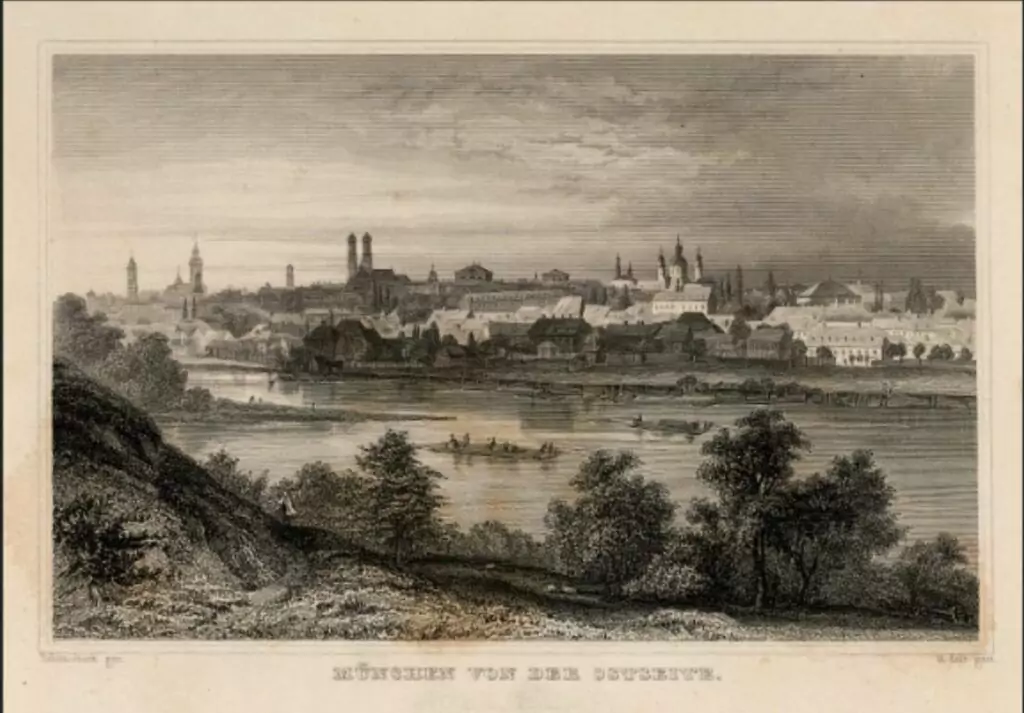 Schwarz-Weiß-Gravur einer Stadtlandschaft von der anderen Seite eines Flusses aus gesehen, mit der Flößerei auf dem Wasser, mit Gebäuden und Kirchtürmen im Hintergrund.