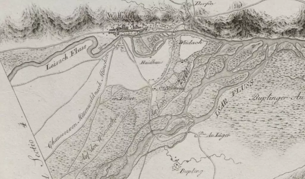 Historische Schwarz-Weiß-Karte mit Flüssen, Siedlungen und Geländemerkmalen - darunter beschriftete Gebiete wie Loissachfluss und Isarfluss -, die die einst für die Flößerei wichtigen Gebiete entlang der umliegenden Feuchtgebiete hervorheben.