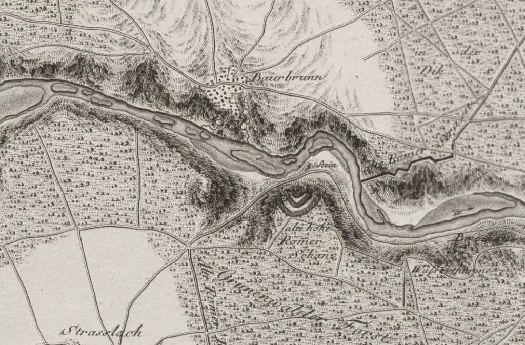 Eine schwarz-weiße historische Karte zeigt einen Fluss, der sich durch hügeliges Gelände schlängelt, mit eingezeichneten Orten, Straßen, Waldgebieten und Routen, die einst für die traditionelle Flößerei genutzt wurden.