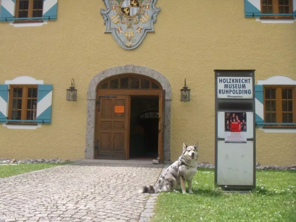 Ein Hund sitzt im Gras vor dem Eingang des Holzknechtmuseums Ruhpolding, unter einem dekorativen Wappen über der Tür und neben einem Schild in der Nähe.