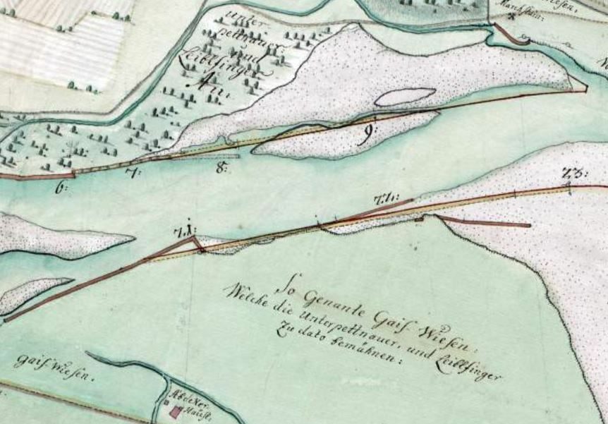 Historische handgezeichnete Karte, die Flüsse, Land und beschriftete Gebiete zeigt, einschließlich Verweise auf die Trift, mit deutschen handschriftlichen Anmerkungen und Markierungen.