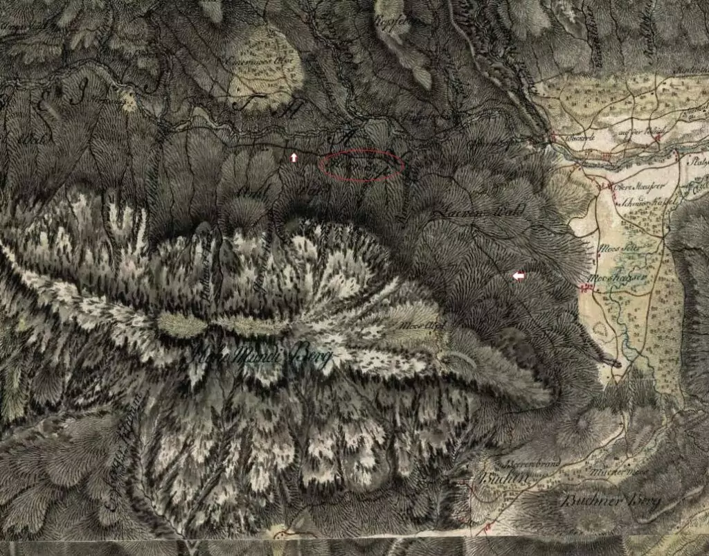 Eine alte, detaillierte topografische Karte mit gebirgigem Gelände, schattiertem Relief, beschrifteten Tälern, Wäldern und Flüssen - mit mehreren roten Markierungen und einem rot eingekreisten Bereich in der Nähe der Mitte, der mit Loiten und Riesen bezeichnet ist.