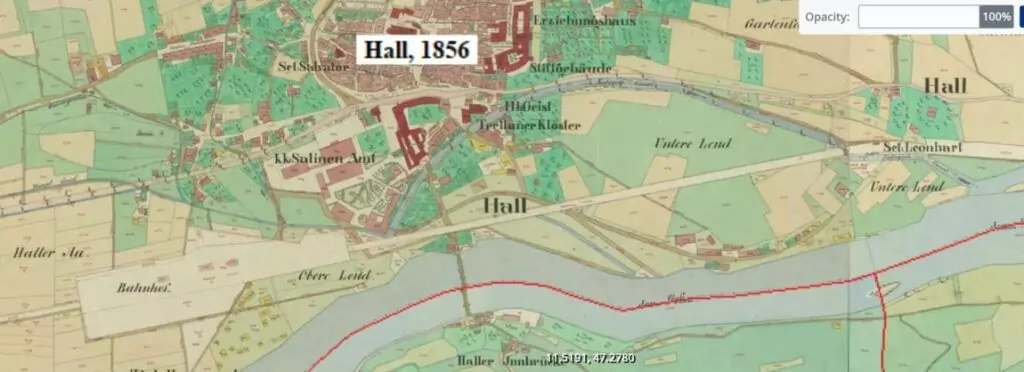 Historische Karte aus dem Jahr 1856, auf der die Stadt Hall, die nahe gelegenen Felder, Straßen, Wasserwege und Wahrzeichen wie die Trift deutlich eingezeichnet sind.