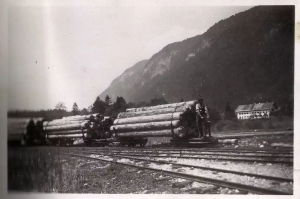Zwei mit großen Baumstämmen beladene Pritschenwagen stehen auf Bahngleisen in einer bergigen, ländlichen Landschaft, in der im Hintergrund ein Gebäude zu sehen ist.