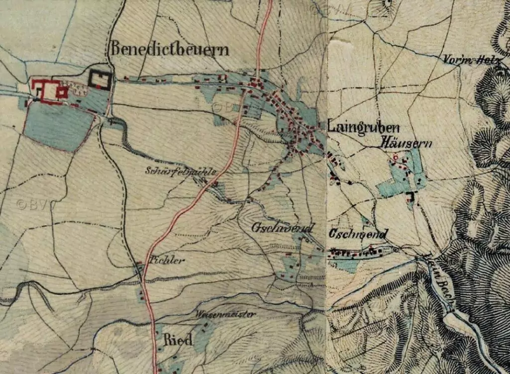 Historische Karte, die das Gebiet von Benediktbeuern, Laingruben und den umliegenden Dörfern zeigt, mit eingezeichneten Straßen, Flüssen und Gebäuden.