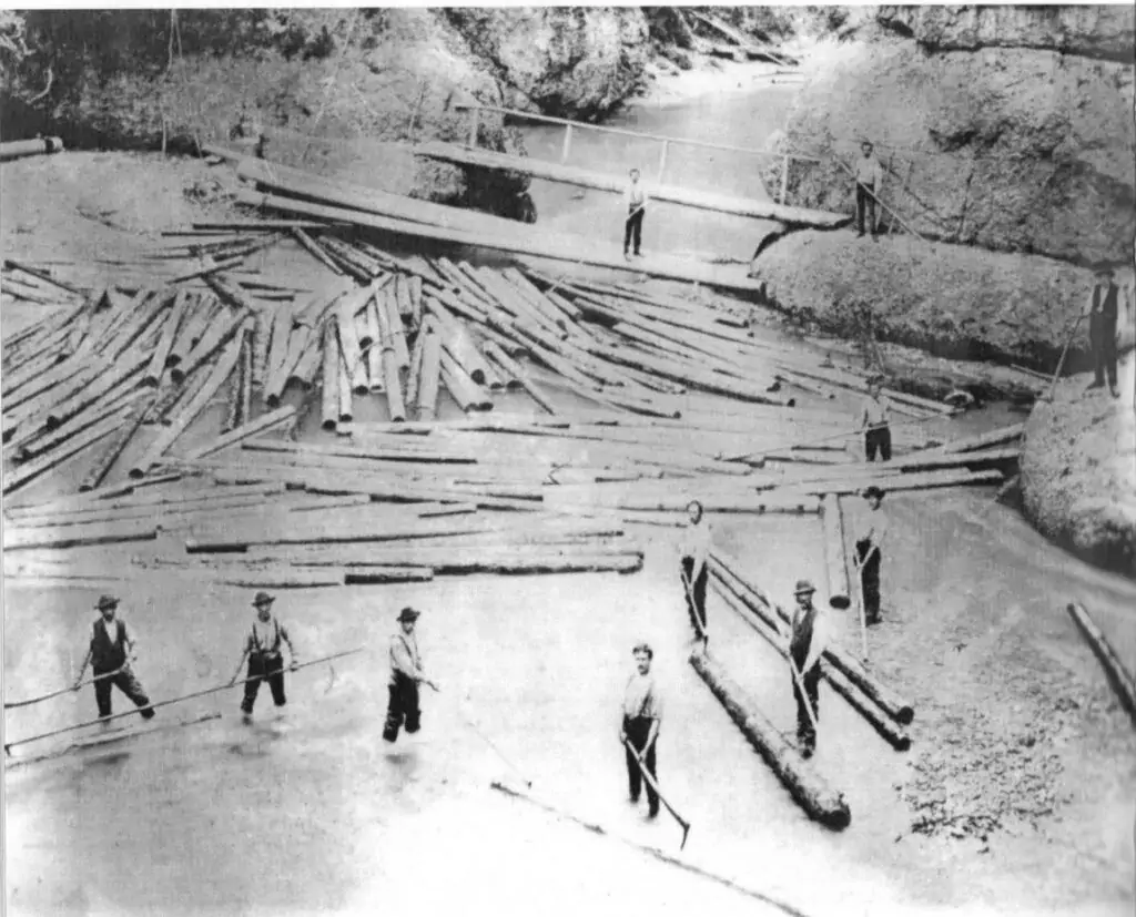 Historisches Schwarz-Weiß-Foto von mehreren Männern, die im flachen Wasser stehen und Baumstämme mit Stangen während eines Trifts oder einer Baumstammfahrt manövrieren. Die Stämme treiben in einem Fluss mit felsigen Ufern und einer Holzbrücke darüber.