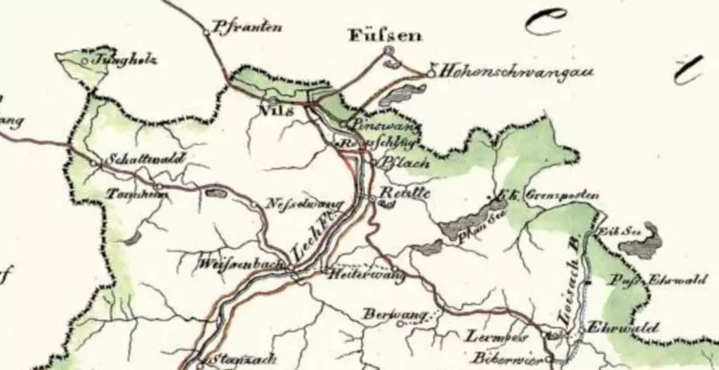 Alte Karte der Region um Füssen mit beschrifteten Städten, Flüssen, umliegenden Landschaften sowie alten Wegen und Straßen in Schwarz und Grün.