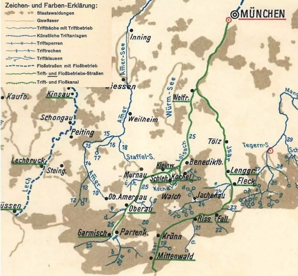 Historische Karte mit Flusssystemen, Städten und Trifttransportwegen um München, Deutschland, mit Symbolen, die Wasserwege und Transportarten anzeigen. Die Beschriftung umfasst Städte wie Garmisch und Hausham.