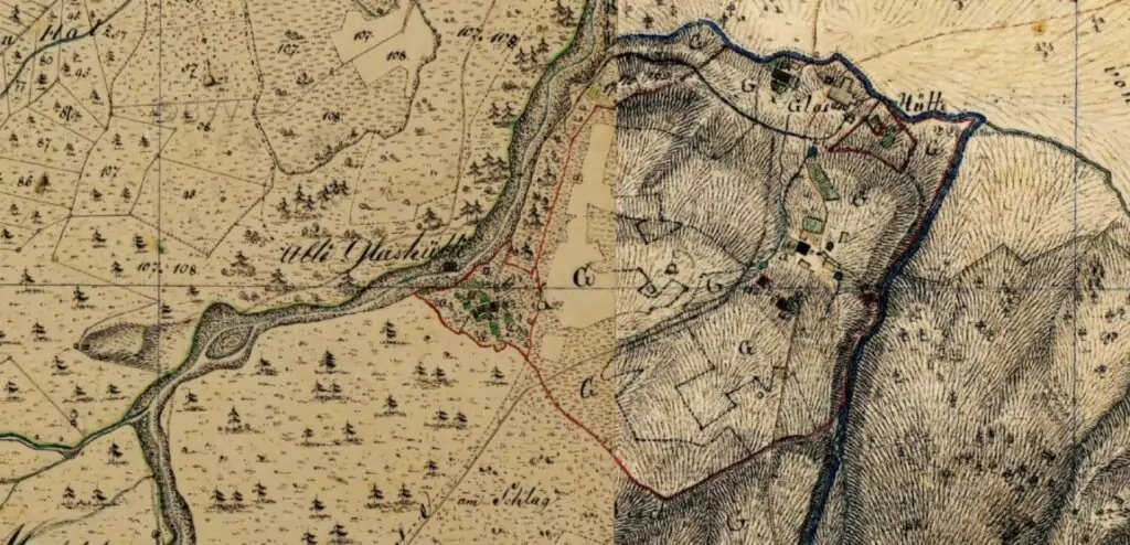 Historische Karte mit einer detaillierten, handgezeichneten Landschaft von Loiten und Riesen, mit Feldern, Wäldern, Gebäuden und einem gewundenen Fluss, mit beschrifteten Gebieten und Grenzlinien.