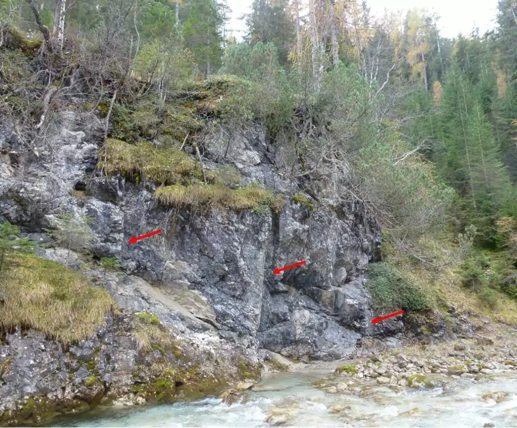 Felsiges Flussufer mit drei roten Pfeilen, die auf bestimmte Stellen an der Felswand zeigen, umgeben von Bäumen und Vegetation.