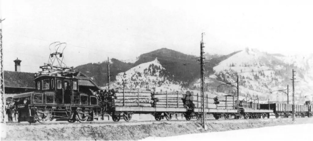 Schwarz-Weiß-Foto eines Güterzugs, der Baumstämme und Holz transportiert, mit Bergen und Strommasten im Hintergrund.