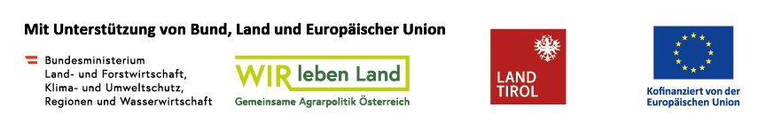 Logos des österreichischen Landwirtschaftsministeriums, des Lebens Land Tirol, des Landes Tirol und der Europäischen Union mit einem Text, der auf die Unterstützung der Initiative Ranger-Ausbildung durch Bund, Land und EU hinweist.