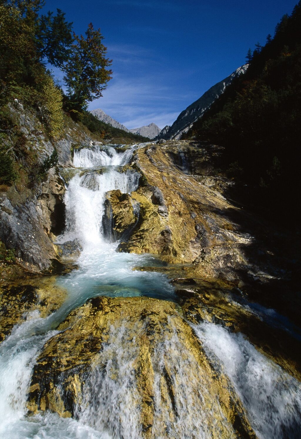 In der Karwendelschlucht fließt ein Wasserfall über felsiges Gelände, umgeben von Bäumen und Bergen unter einem klaren blauen Himmel - perfekt für eine Naturbeobachtung.