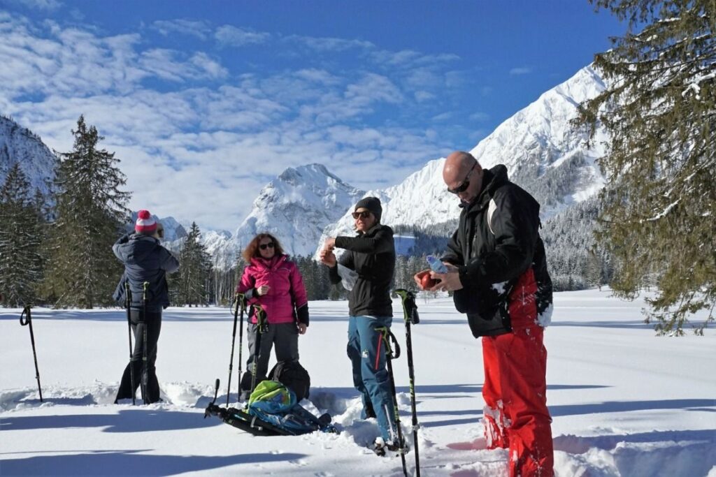 Vier Personen in Winterkleidung, darunter ein Naturpark-Ranger, stehen mit Skistöcken in einer verschneiten Berglandschaft unter einem blauen Himmel mit vereinzelten Wolken.