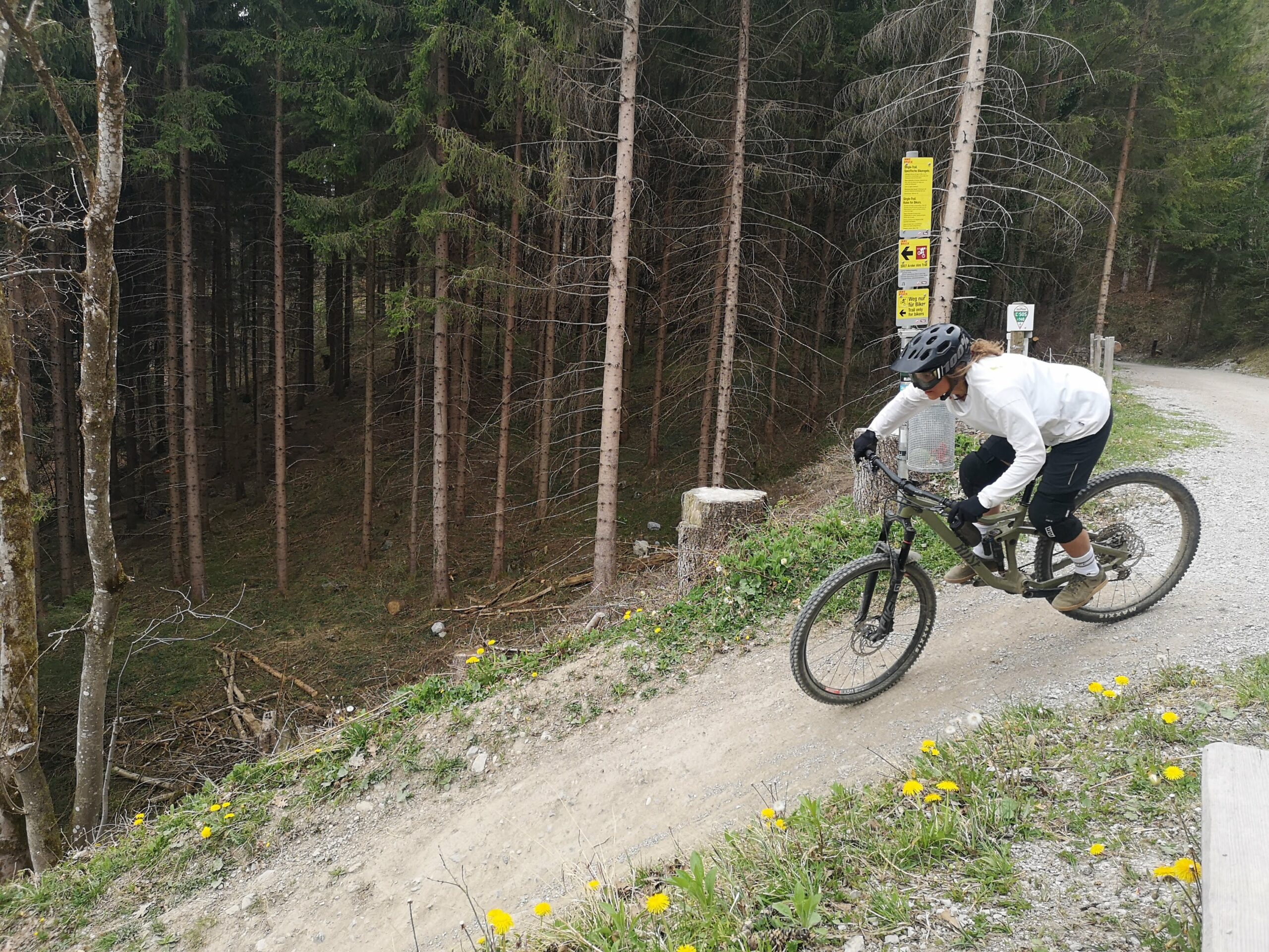 Eine Person mit Helm und weißer Jacke fährt mit dem Mountainbike auf einem Schotterweg bergauf in Richtung der malerischen Arzler Alm, vorbei an einem Wald und leuchtend gelben Wildblumen.