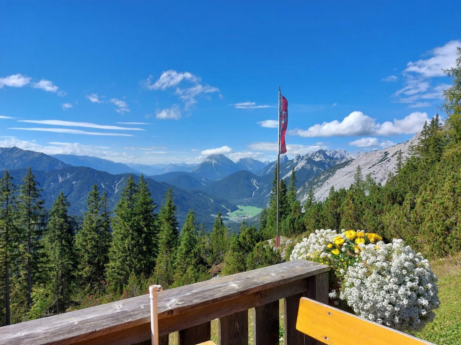 Panoramaansicht einer Berglandschaft entlang der Pleisenspitze Wanderung mit Kiefern, einem Tal, einer Fahne auf einem Pfahl und einer mit weißen und gelben Blumen geschmückten Holzterrasse unter einem blauen Himmel mit vereinzelten Wolken.