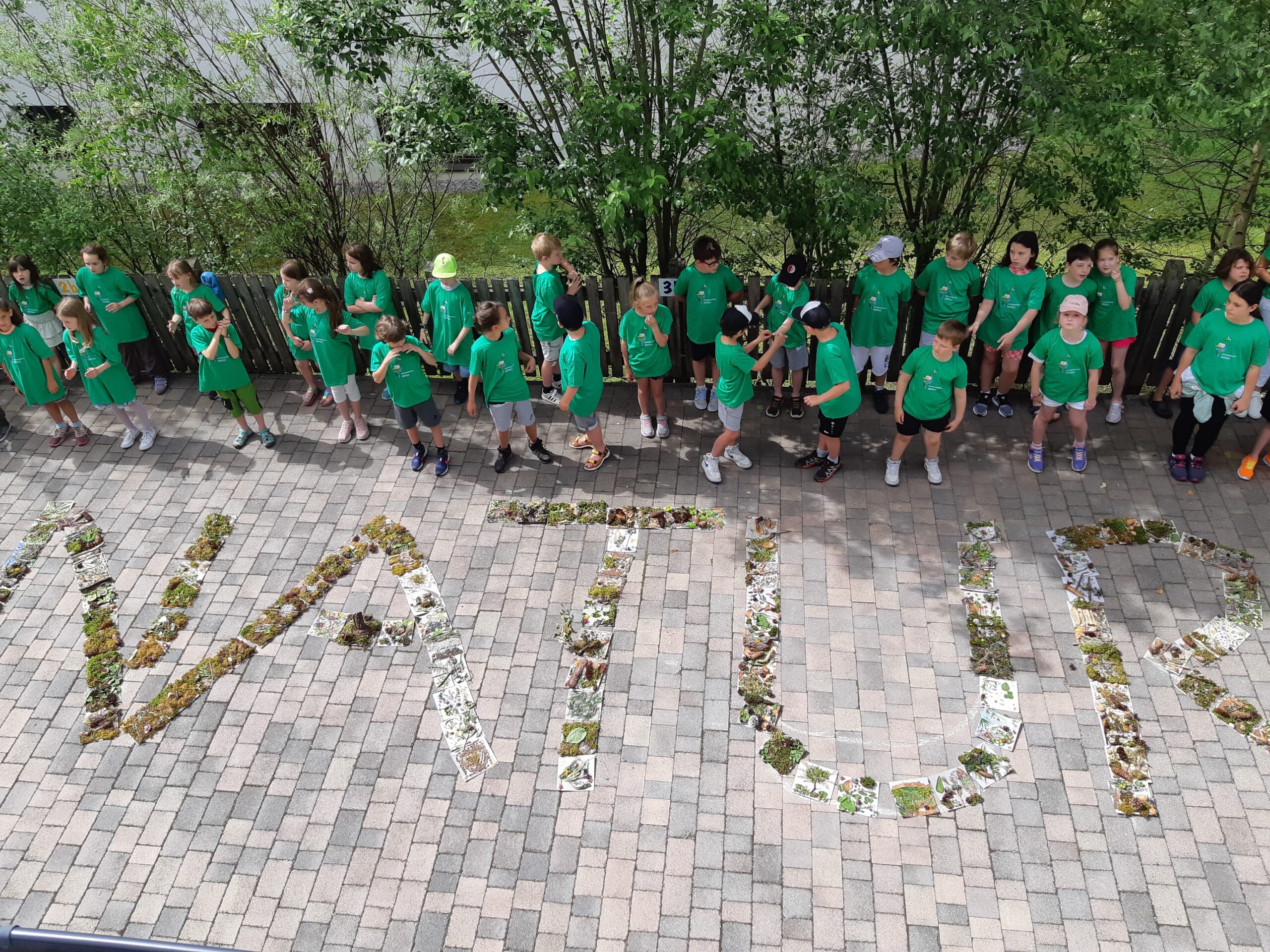 Eine Gruppe von Kindern in grünen Hemden steht auf einer gepflasterten Fläche neben dem mit Blättern geschriebenen Wort "NATUR", das auf die Prädikatisierung und den prämierten Abschluss der Naturparkschulen hinweist. Bäume und Sträucher bilden den Hintergrund.