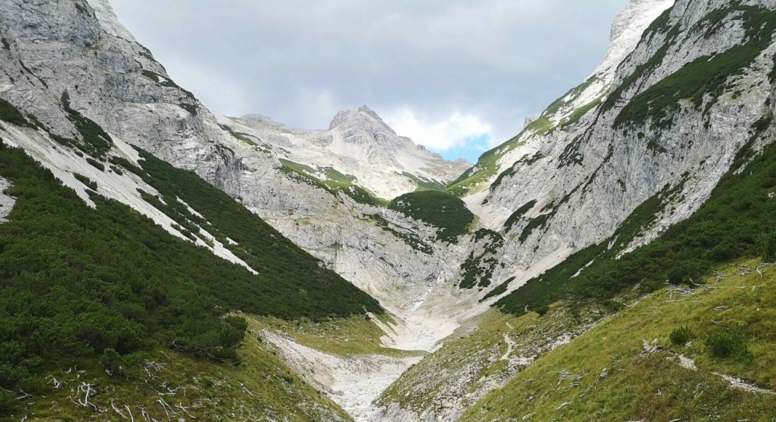Ein Bergtal mit steilen Felshängen, grüner Vegetation und einem wolkenverhangenen Himmel - perfekt für eine Birkkarspitze Bergtour.