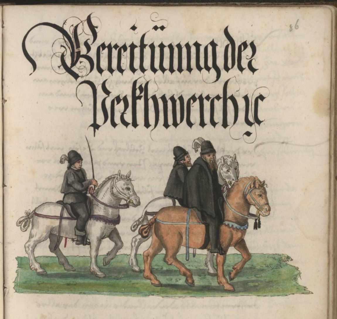 Illustration von drei Reitern in dunklen Mänteln und Hüten auf Pferden, darüber der Text "Macht" in gotischer Schrift auf einem Manuskriptseite mit dekorativen Holzbordüren.