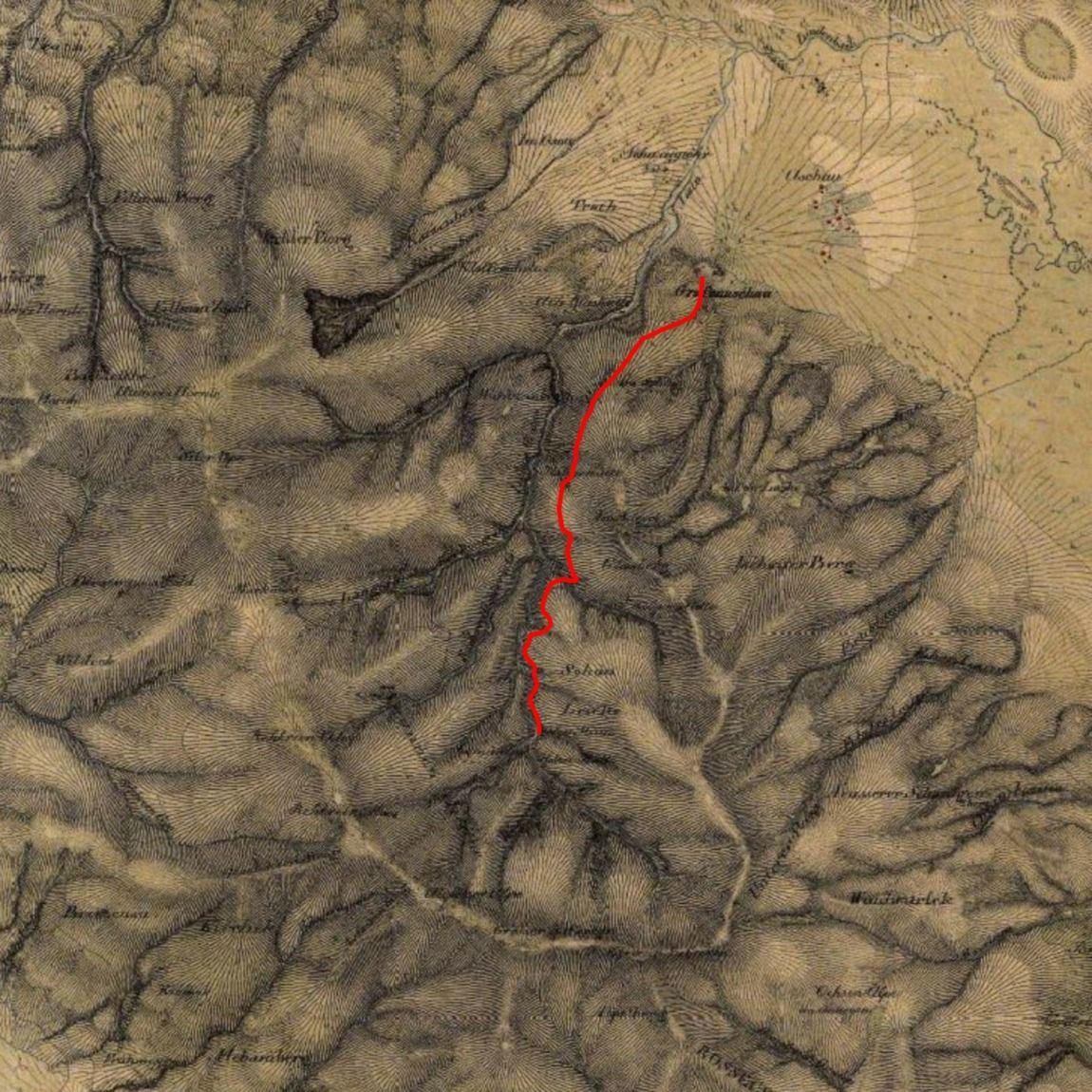 Historische topografische Karte, die einen Überblick bietet, mit einer roten Linie, die einen Holzweg durch Berg- und Talgelände markiert, beschriftet mit verschiedenen Ortsnamen.