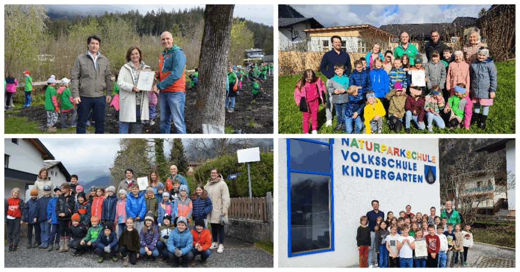 Eine Collage aus vier Fotos, die Gruppen von Kindern und Erwachsenen im Freien und vor einem Kindergartengebäude zeigen, einige von ihnen mit Rezertifizierungsurkunden in der Hand, mit Natur und Gebäuden im Hintergrund.
