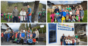 Eine Collage aus vier Fotos, die Gruppen von Kindern und Erwachsenen im Freien und vor einem Kindergartengebäude zeigen, einige von ihnen mit Rezertifizierungsurkunden in der Hand, mit Natur und Gebäuden im Hintergrund.
