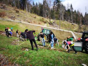 Eine Gruppe von Personen nimmt an der Almpflege Arzler Alm teil und säubert einen grasbewachsenen Hang in der Nähe eines Traktors von Müll und Unrat, mit einem Wald im Hintergrund.