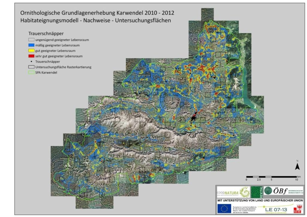 Karte der Karwendelregion (2010-2012) mit der Lebensraumeignung für den Trauerschnäpper, wobei die Gebiete nach Lebensraumqualität farblich gekennzeichnet und die Untersuchungsgebiete markiert sind.