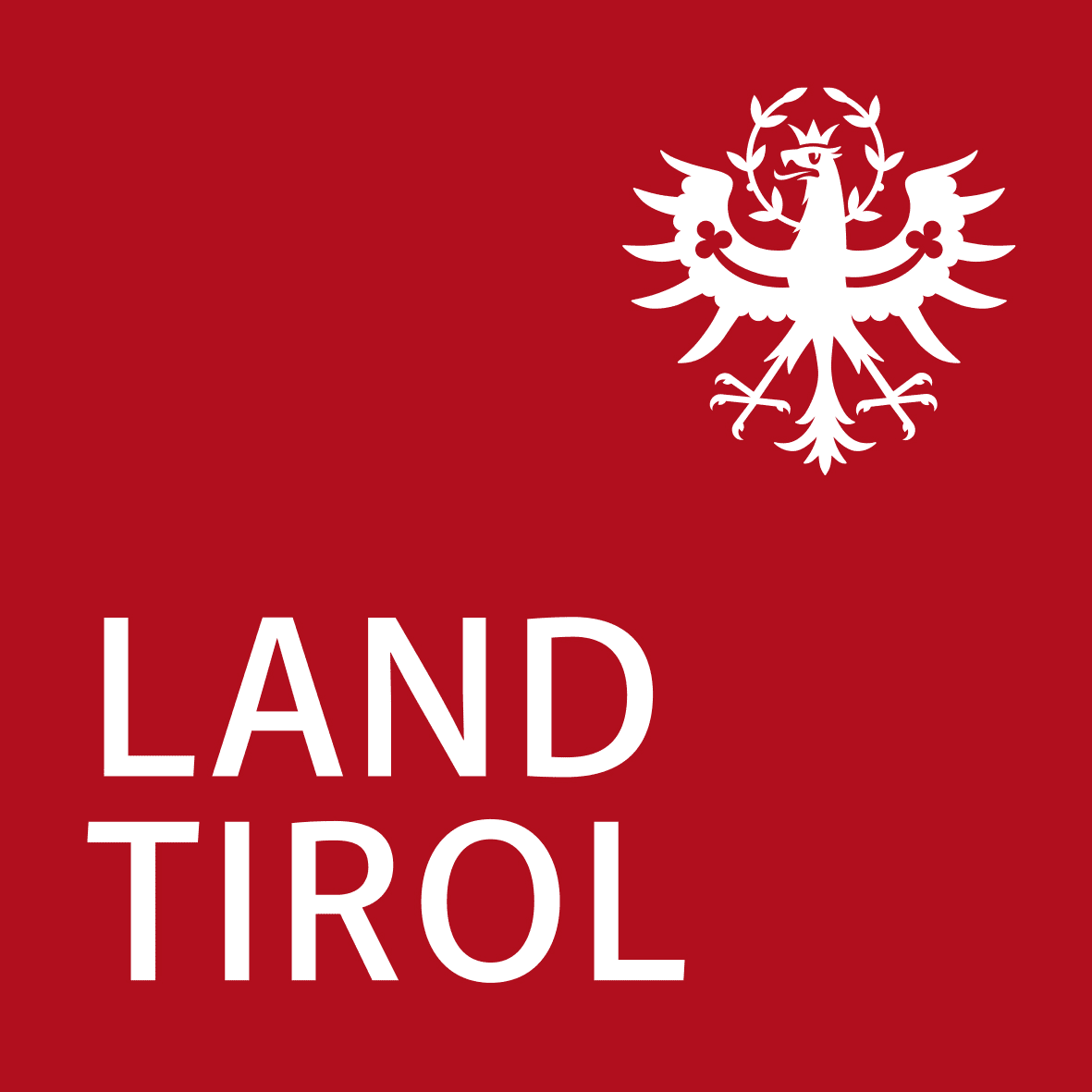 Rotes quadratisches Logo mit einem weißen heraldischen Adler in der oberen rechten Ecke und dem Schriftzug "LAND TIROL" in fetten weißen Buchstaben unten links, der den Naturpark Karwendel und seine Artenvielfalt repräsentiert.