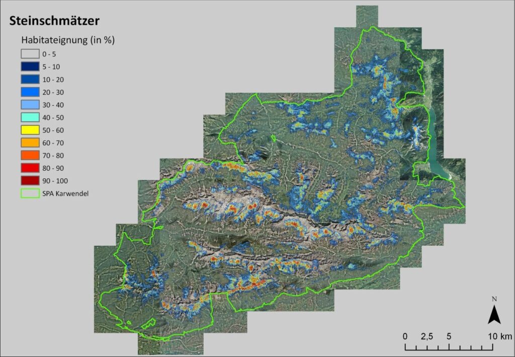 Die Karte zeigt die prozentuale Eignung des Steinschmätzers in der Karwendelregion, wobei die Eignungsgrade farblich gekennzeichnet sind und die Grenze des SPA Karwendel grün umrandet ist.