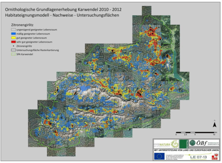 Karte der Lebensraumeignung im Karwendel (2010-2012) für den Zitronenzeisig mit Gebieten unterschiedlicher Eignung und Erhebungsorten, mit Legende und Sponsorenlogos.