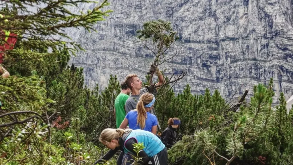 Eine Gruppe von Menschen arbeitet gemeinsam an einer Umweltbaustelle, um Sträucher und kleine Bäume in einem bergigen, bewaldeten Gebiet zu entfernen oder zu beschneiden.