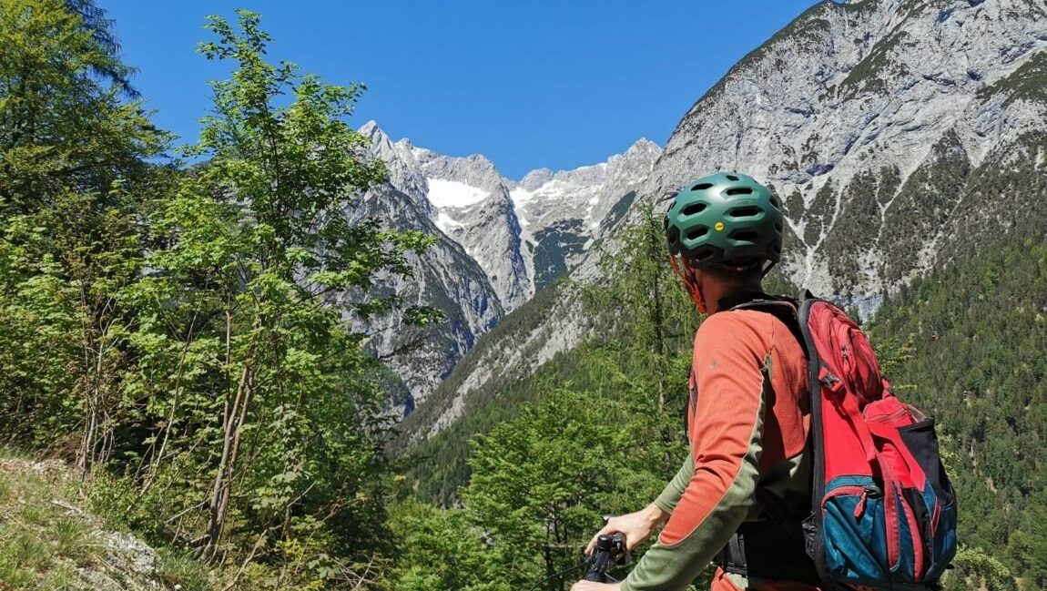 Eine Person mit Helm und Rucksack steht auf einem Fahrrad und blickt auf die Landschaft von Mountainbiken Karwendel - majestätische Bäume und schneebedeckte Gipfel unter einem klaren blauen Himmel.