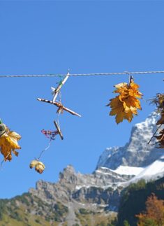Getrocknete Blätter und kleine Zweigdekorationen hängen an einem Draht vor einem strahlend blauen Himmel, mit einem schneebedeckten Berg im Hintergrund - eine perfekte Szene für jeden angehenden Junior-Ranger, der die Natur erforscht.