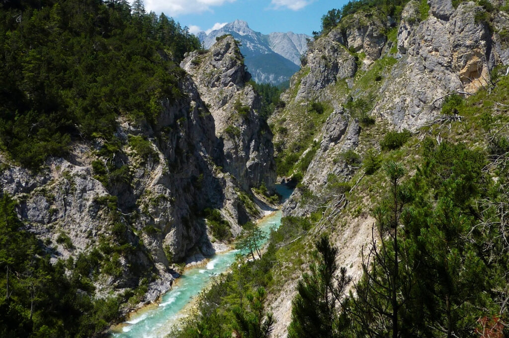 Ein Fluss fließt durch eine felsige Schlucht, die von dichten grünen Bäumen umgeben ist. Im Hintergrund sind die Berge unter einem teilweise bewölkten Himmel zu sehen - eine inspirierende Szene, die sich perfekt für die Lehrerfortbildung und zum Nachdenken eignet.