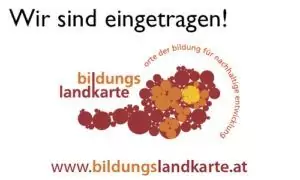 Logo mit dem Text "Wir sind eingetragen!", "bildungslandkarte", "www.bildungslandkarte.at" und einer Grafik mit gebündelten Kreisen in Form von Österreich, die die Junior-Ranger-Initiative hervorheben.