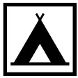 Schwarz-weißes Symbol eines dreieckigen Zeltes innerhalb eines quadratischen Rahmens, das einen Campingplatz in der Nähe des Klettern Karwendel darstellt.