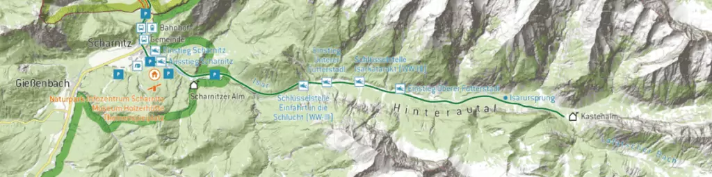 Eine topografische Karte zeigt eine Wanderroute mit eingezeichneten Stationen und Höhenunterschieden durch bergiges Gelände von Geißlenbach nach Aschau - perfekt für Entdecker, die sowohl Bergwanderungen als auch die nahe gelegenen Karwendel-Kanu-Wassersportabenteuer genießen.