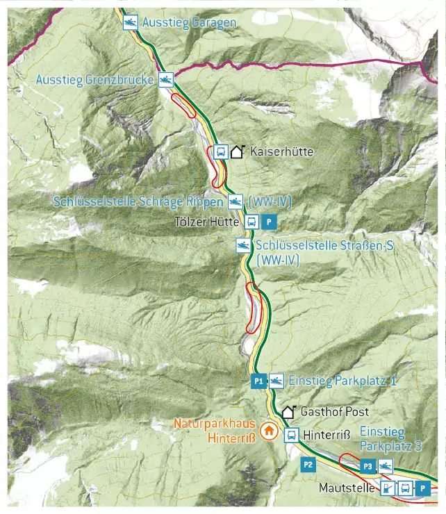 Karte mit einer Route durch ein Berggebiet mit eingezeichneten Ausgängen, Schlüsselstellen, Parkplätzen, Hütten und Naturparkstandorten. Beschriftungen zeigen Schwierigkeitsgrade, Orientierungspunkte und Stellen für den Wassersport mit Karwendel Kanu.