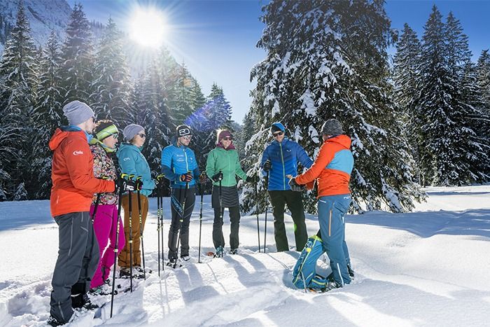 Eine Gruppe von winterlich gekleideten Menschen steht mit Skistöcken in einem verschneiten Wald, einige überprüfen ihre Downloads, und versammeln sich um einen Redner unter einem sonnigen Himmel.