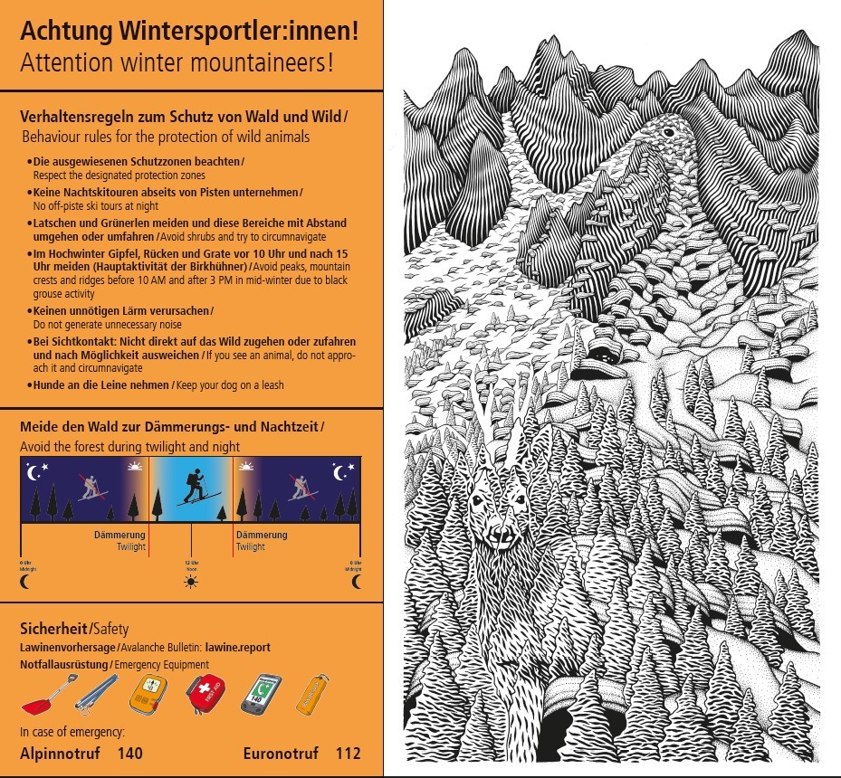 Informationsplakat mit Sicherheitshinweisen und Richtlinien für Wintersportler in der Region Skitouren Karwendel, mit einer detaillierten Abbildung der Berglandschaft und Symbolen für den Schutz von Wildtieren und Notfallkontakten.