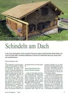 Ein traditionelles alpines Holzhaus mit Schindeldach steht auf einem grasbewachsenen Hügel; der deutsche Text behandelt Dachschindeln und mögliche Förderungen in der ländlichen Architektur.