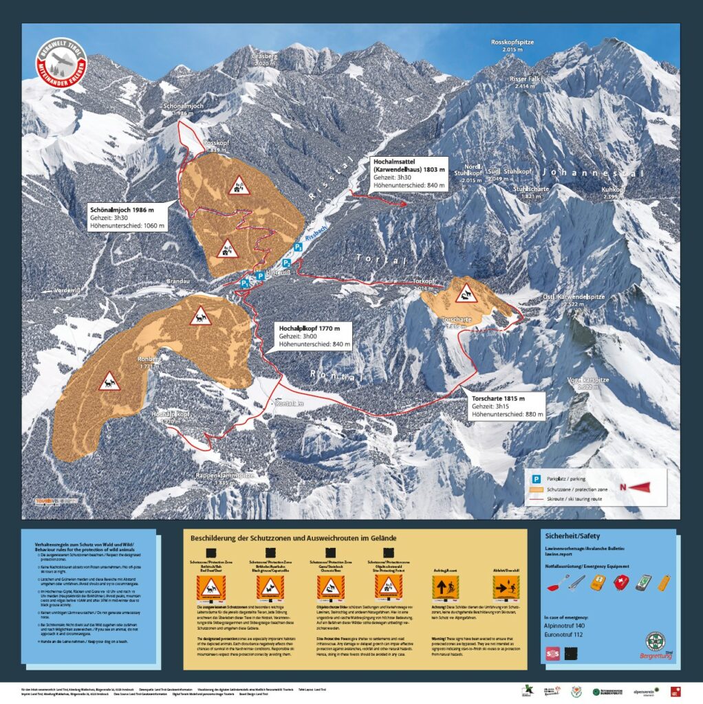 Karte der Lawinengefahrenzonen und Sicherheitshinweise für Skitouren Karwendel, mit hervorgehobenen Gefahrenbereichen, Höhenmarkierungen, Routen und Sicherheitshinweisen in deutscher Sprache.